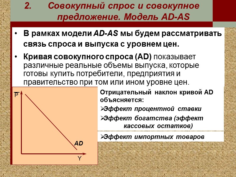 В рамках модели AD-AS мы будем рассматривать связь спроса и выпуска с уровнем цен.